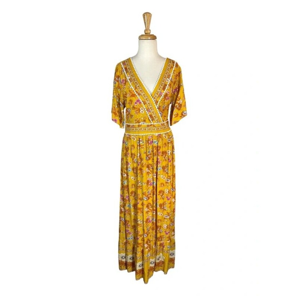 Baevely Yellow V-neck Floral Maxi Dress Boho Cottage
